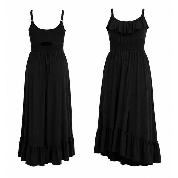 torrid Dresses & Skirts - Torrid Black HiLow Maxi Dress Size 3 Open Back Ruffle Front Pockets NWOT
